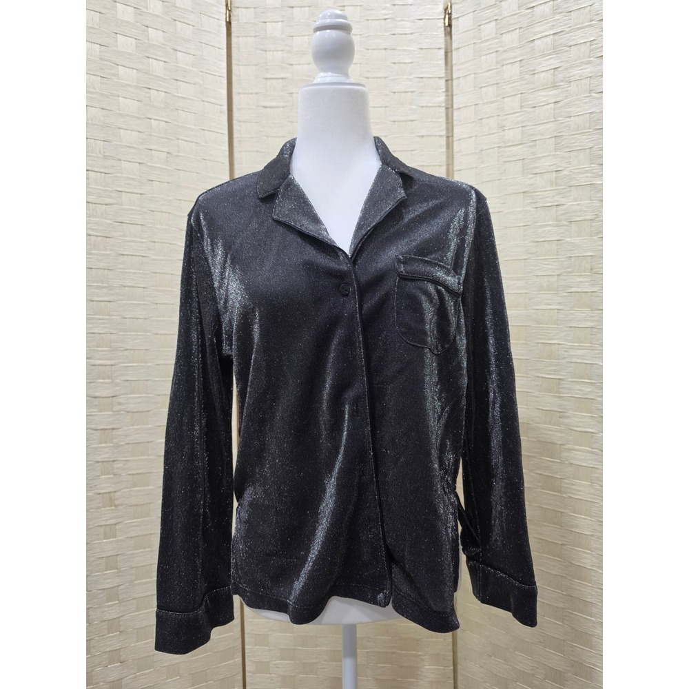 Victorias Secret Pajama Top Silver Black Metallic Shimmer Button Up Small Short